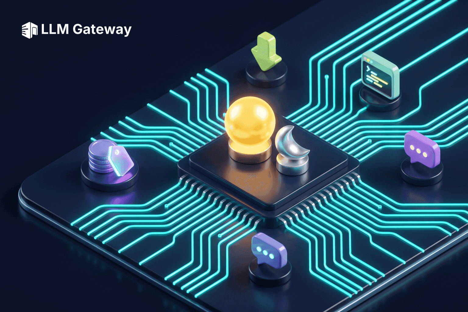 A glowing golden sun and a silver crescent moon on a circuit-board chip, surrounded by a halved coin stack with a price tag, a terminal window, a down arrow, and chat bubbles