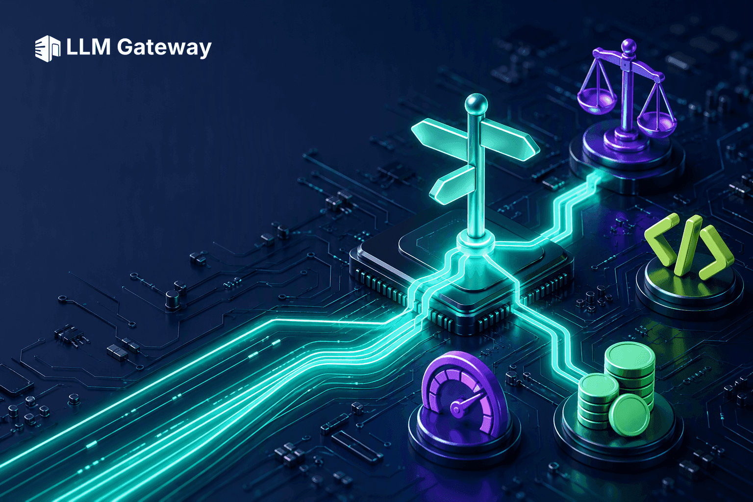 Glossy circuit board with a glowing signpost on a central chip, traces splitting into three lit paths surrounded by scale, code and coin icons representing automatic model selection