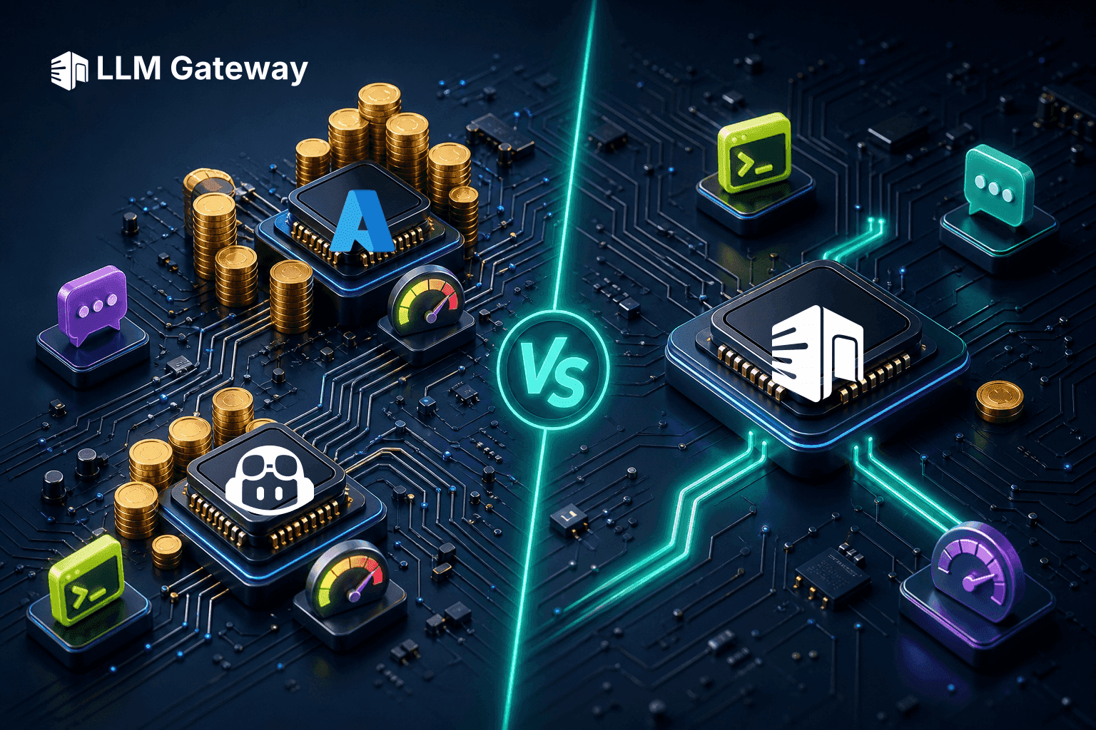 Split circuit board showing two separate expensive Microsoft product chips versus one unified LLM Gateway chip serving both API and coding-agent workloads