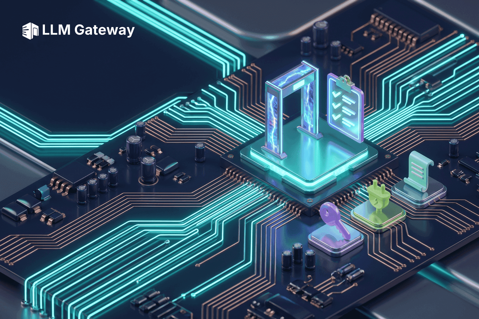 A glowing boarding-gate arch on a central chip with a lit checklist beside it and light traces leading in from the edge of a circuit board, surrounded by a key, a plug, and a document icon