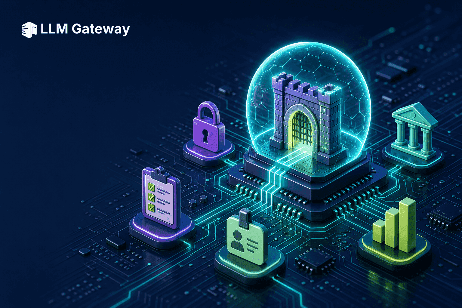 Enterprise OpenRouter alternatives — a shielded gateway vault on a circuit board with audit and compliance icons
